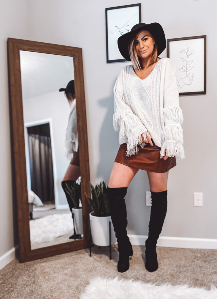 faux leather skirt with fringe sweater