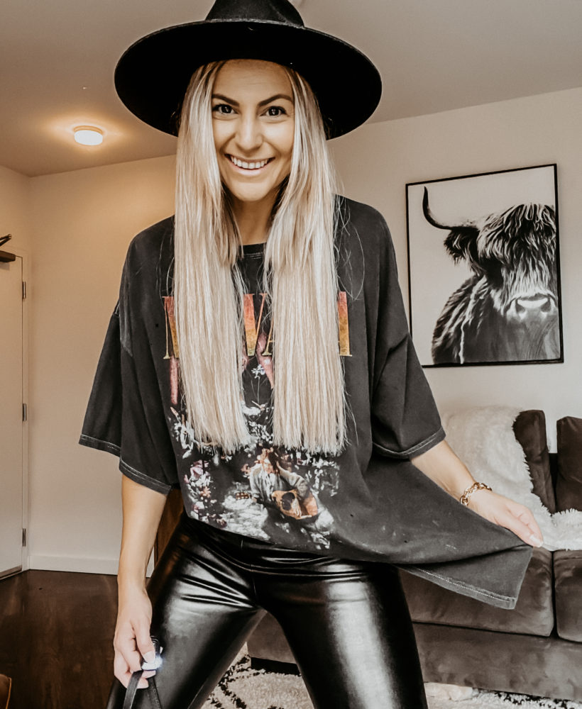 band tee graphic tee,faux leather leggings